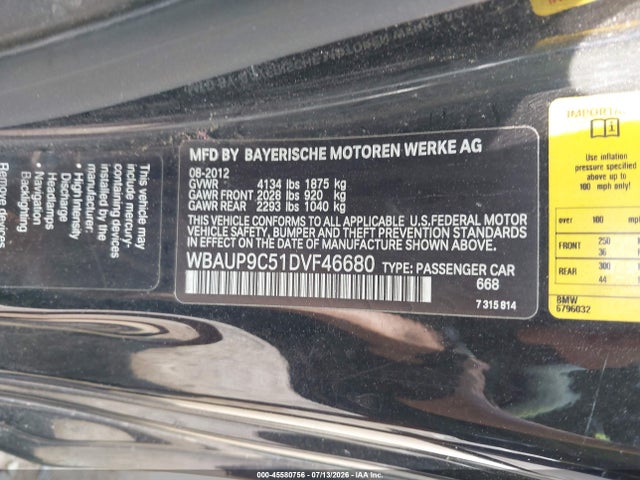 45580756 :رقم المزاد ، WBAUP9C51DVF46680 vin ، 2013 Bmw 128i مزاد بيع