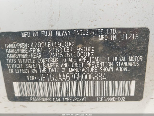 45580758 :رقم المزاد ، JF1GJAA67GH006884 vin ، 2016 Subaru Impreza 2.0i مزاد بيع