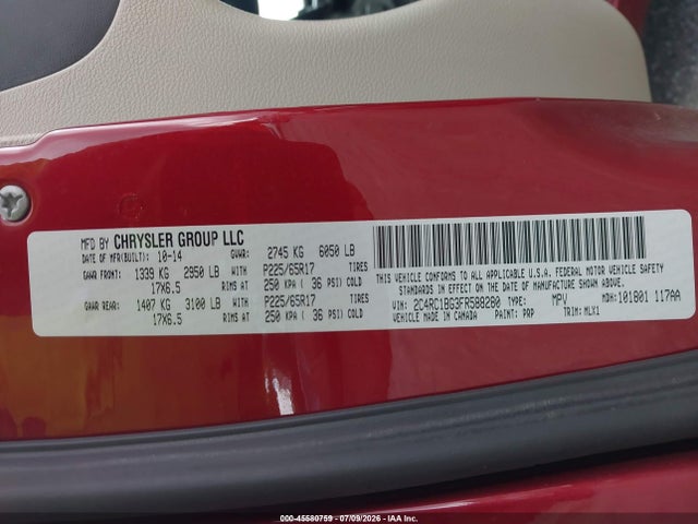 Продаж на аукціоні авто 2015 Chrysler Town & Country Touring, vin: 2C4RC1BG3FR588280, номер лоту: 45580759