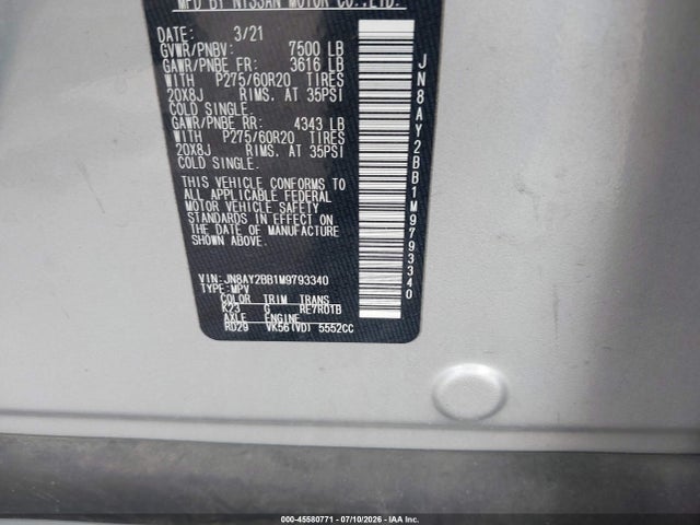Продажа на аукционе авто 2021 Nissan Armada Sl 4wd, vin: JN8AY2BB1M9793340, номер лота: 45580771