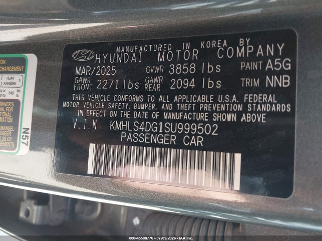 Aukcja sprzedaży 2025 Hyundai Elantra Sel Convenience, vin: KMHLS4DG1SU999502, numer aukcji: 45580776