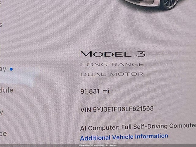 45580787 :رقم المزاد ، 5YJ3E1EB6LF621568 vin ، 2020 Tesla Model 3 Long Range Dual Motor All-wheel Drive مزاد بيع