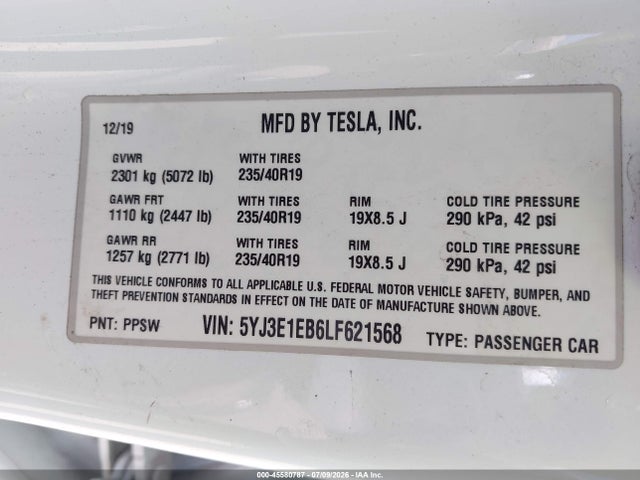 45580787 :رقم المزاد ، 5YJ3E1EB6LF621568 vin ، 2020 Tesla Model 3 Long Range Dual Motor All-wheel Drive مزاد بيع