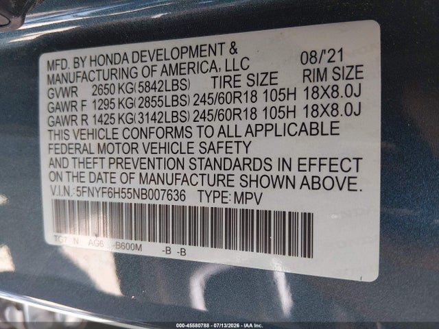 5FNYF6H55NB007636 Honda Pilot Awd Ex-l