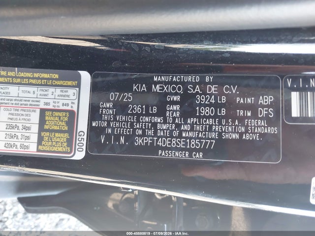 Aukcja sprzedaży 2025 Kia K4 Lxs, vin: 3KPFT4DE8SE185777, numer aukcji: 45580819
