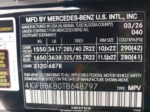 45580840 :رقم المزاد ، 4JGFB8KB0TB648797 vin ، 2026 Mercedes-benz Amg Gle 63 S 4matic+ مزاد بيع