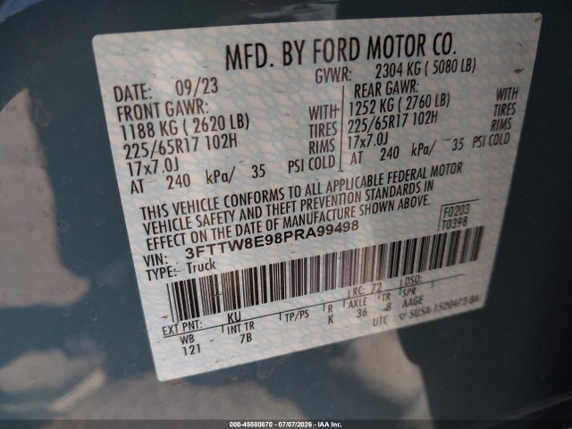45580870 :رقم المزاد ، 3FTTW8E98PRA99498 vin ، 2023 Ford Maverick Xlt مزاد بيع