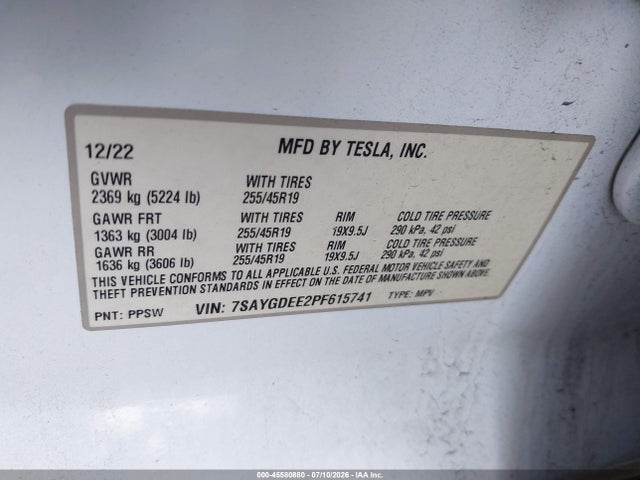 Продаж на аукціоні авто 2023 Tesla Model Y Awd/long Range Dual Motor All-wheel Drive, vin: 7SAYGDEE2PF615741, номер лоту: 45580880