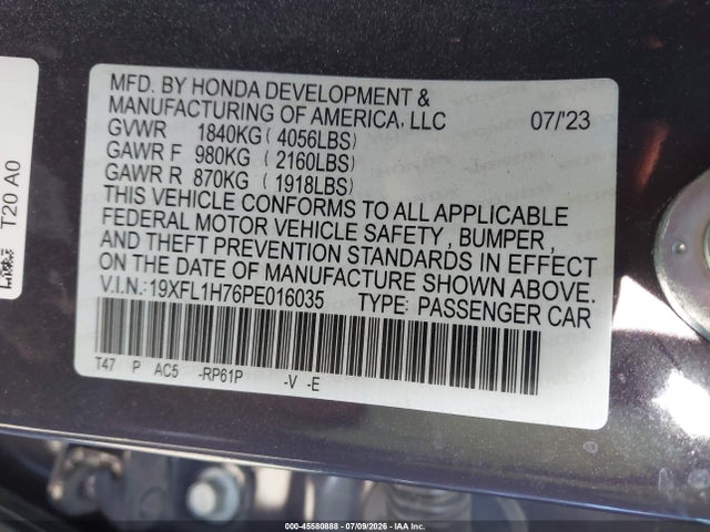 19XFL1H76PE016035 Honda Civic Ex-l/ex-l W/o Bsi
