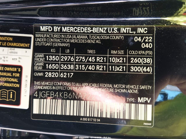 Aukcja sprzedaży 2022 Mercedes-benz Gle 350 4matic, vin: 4JGFB4KB6NA722113, numer aukcji: 45580899