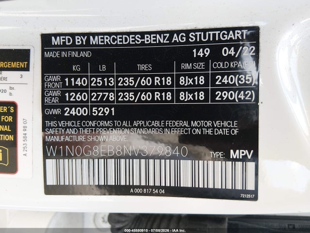 45580910 :رقم المزاد ، W1N0G8EB8NV379840 vin ، 2022 Mercedes-benz Glc 300 4matic Suv مزاد بيع