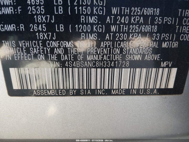 45580911 :رقم المزاد ، 4S4BSANC8H3341728 vin ، 2017 Subaru Outback 2.5i Limited مزاد بيع