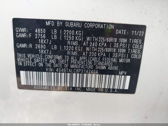 Aukcja sprzedaży 2023 Subaru Outback Onyx Edition, vin: 4S4BTALC8P3142404, numer aukcji: 45580913