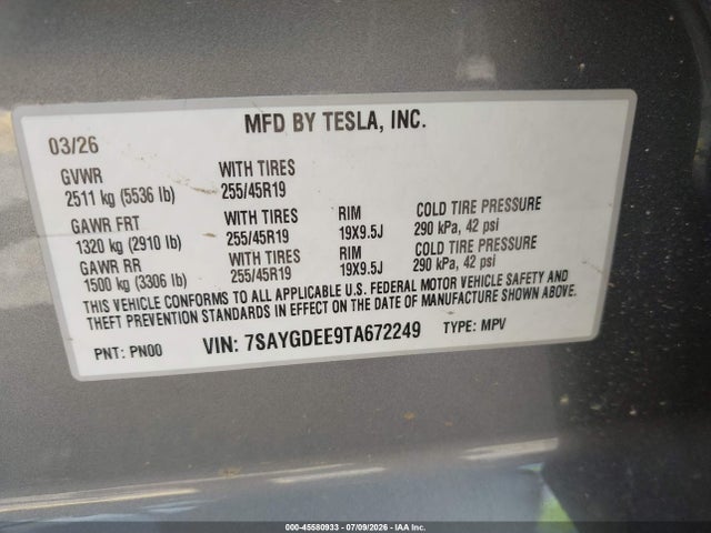 Aukcja sprzedaży 2026 Tesla Model Y All-wheel Drive/long Range Launch Series/premium All-wheel Drive, vin: 7SAYGDEE9TA672249, numer aukcji: 45580933