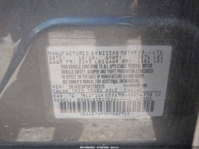 45580952 :رقم المزاد ، 3N1AB7AP0KY282915 vin ، 2019 Nissan Sentra Sv مزاد بيع