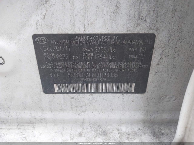 Продажа на аукционе авто 2012 Hyundai Elantra Limited, vin: 5NPDH4AE6CH128035, номер лота: 45580967