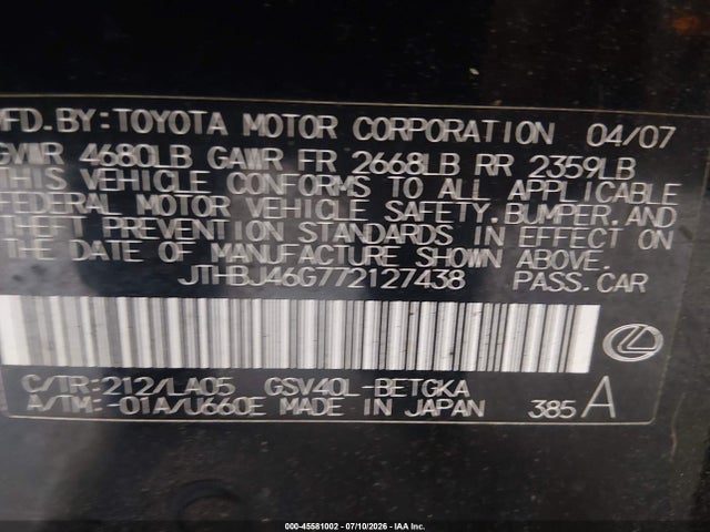 Aukcja sprzedaży 2007 Lexus Es 350, vin: JTHBJ46G772127438, numer aukcji: 45581002