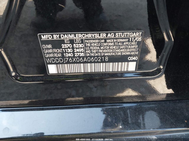 45581005 :رقم المزاد ، WDDDJ76X06A060218 vin ، 2006 Mercedes-benz Cls 55 Amg مزاد بيع