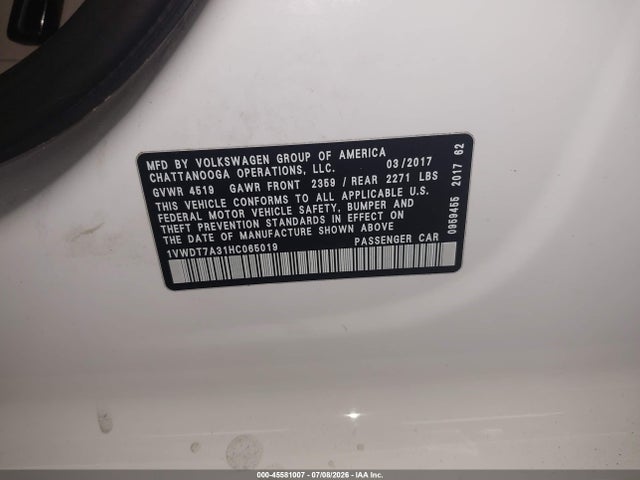Aukcja sprzedaży 2017 Volkswagen Passat 1.8t R-line, vin: 1VWDT7A31HC065019, numer aukcji: 45581007