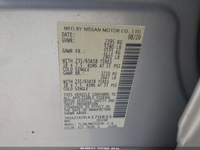 45581013 :رقم المزاد ، 5N1AZ2AS9LN170835 vin ، 2020 Nissan Murano S Intelligent Awd مزاد بيع