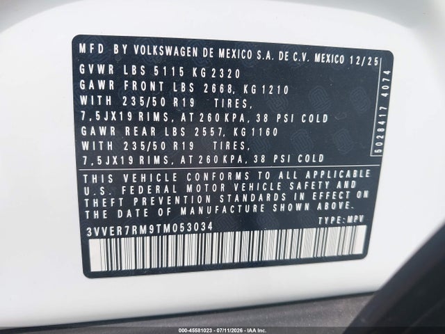 45581023 :رقم المزاد ، 3VVER7RM9TM053034 vin ، 2026 Volkswagen Tiguan Se مزاد بيع