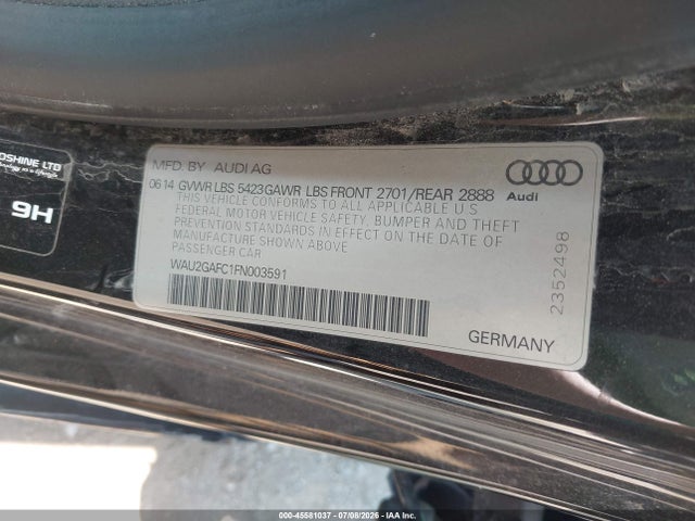 45581037 :رقم المزاد ، WAU2GAFC1FN003591 vin ، 2015 Audi A7 3.0t Premium Plus مزاد بيع
