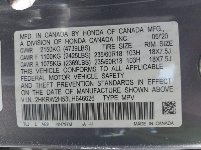 2020 Honda Cr-v Awd Ex მანქანა იყიდება აუქციონზე, vin: 2HKRW2H53LH646626, აუქციონის ნომერი: 45581039