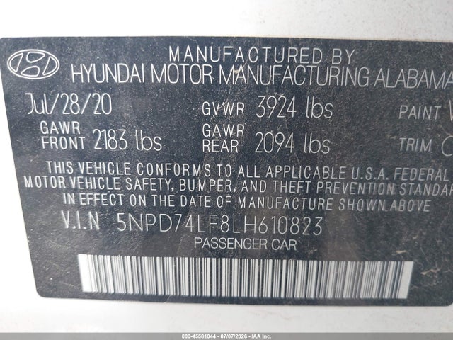 5NPD74LF8LH610823 Hyundai ELANTRA SE