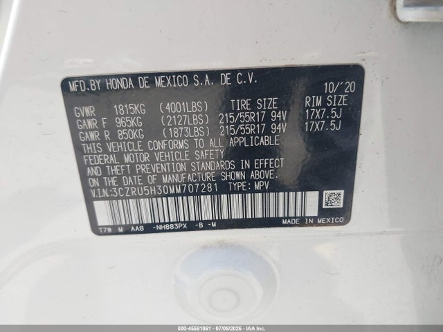 Продажа на аукционе авто 2021 Honda Hr-v 2wd Lx, vin: 3CZRU5H30MM707281, номер лота: 45581061