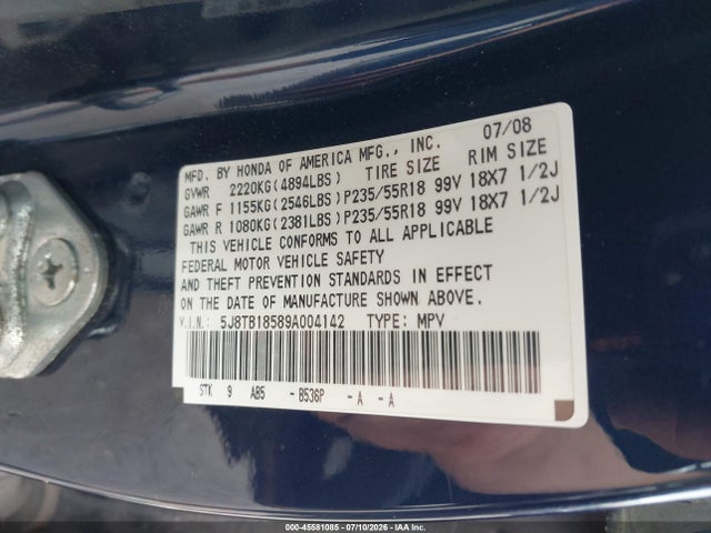 45581085 :رقم المزاد ، 5J8TB18589A004142 vin ، 2009 Acura Rdx مزاد بيع