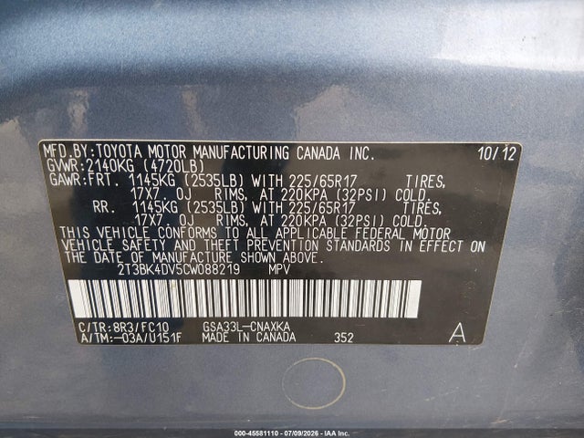 Продажа на аукционе авто 2012 Toyota Rav4 Base V6, vin: 2T3BK4DV5CW088219, номер лота: 45581110