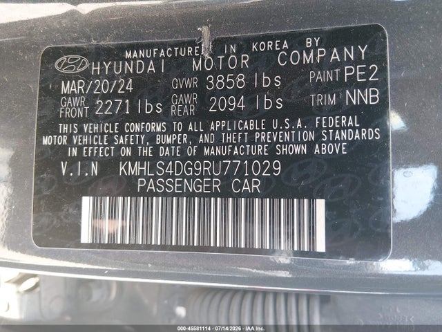45581114 :رقم المزاد ، KMHLS4DG9RU771029 vin ، 2024 Hyundai Elantra Sel مزاد بيع