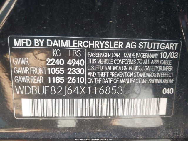 Aukcja sprzedaży 2004 Mercedes-benz E 320 4matic, vin: WDBUF82J64X116853, numer aukcji: 45581128