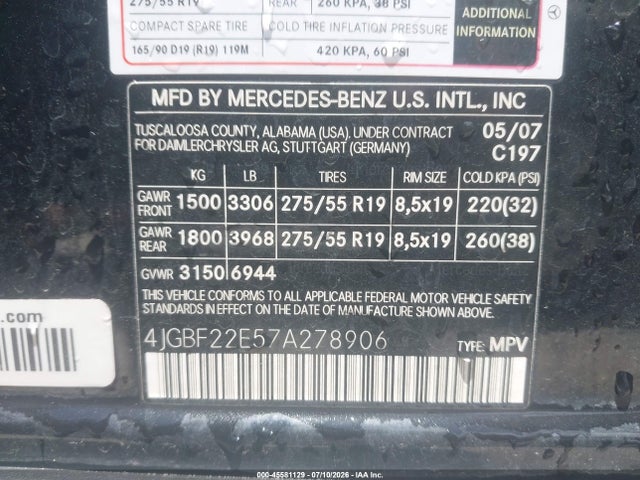 Продаж на аукціоні авто 2007 Mercedes-benz Gl 320 Cdi 4matic, vin: 4JGBF22E57A278906, номер лоту: 45581129
