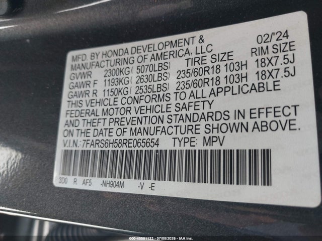 Aukcja sprzedaży 2024 Honda Cr-v Hybrid Sport, vin: 7FARS6H58RE065654, numer aukcji: 45581133
