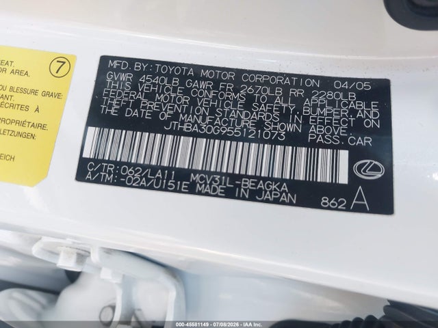 45581149 :رقم المزاد ، JTHBA30G955121073 vin ، 2005 Lexus Es 330 مزاد بيع