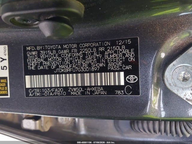 Toyota Prius Two 2016 JTDKBRFU7G3001897 Image 9