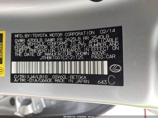 45581163 :رقم المزاد ، JTHBK1GG1E2121125 vin ، 2014 Lexus Es 350 مزاد بيع