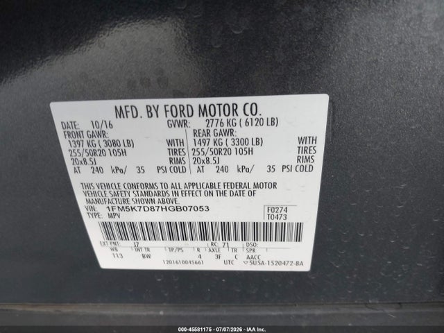 Ford EXPLORER XLT 2017 1FM5K7D87HGB07053 Image 9