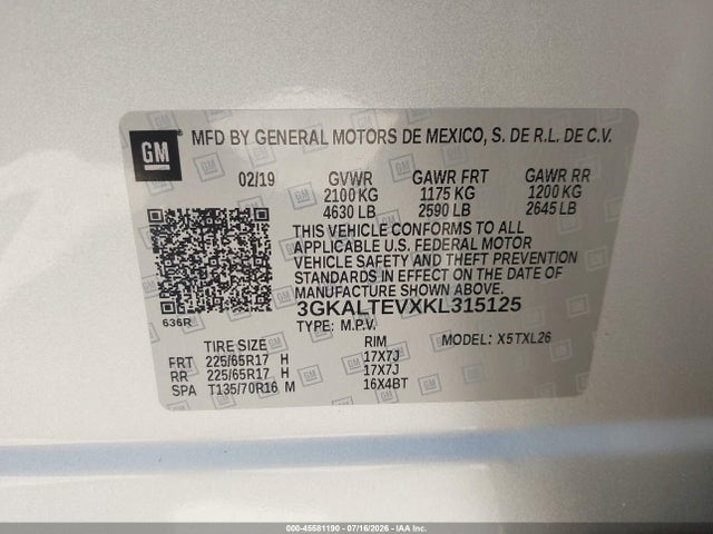 Продаж на аукціоні авто 2019 Gmc Terrain Sle, vin: 3GKALTEVXKL315125, номер лоту: 45581190