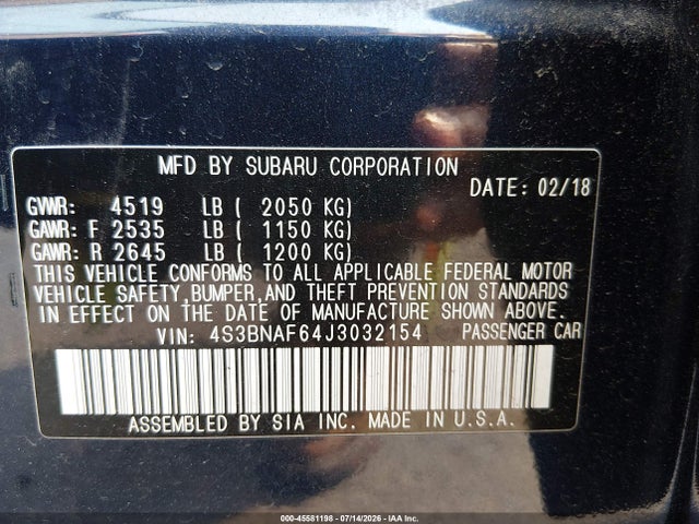Aukcja sprzedaży 2018 Subaru Legacy 2.5i Premium, vin: 4S3BNAF64J3032154, numer aukcji: 45581198