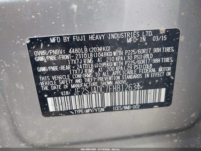 45581209 :رقم المزاد ، JF2SJADC7FH812634 vin ، 2015 Subaru Forester 2.5i Premium مزاد بيع