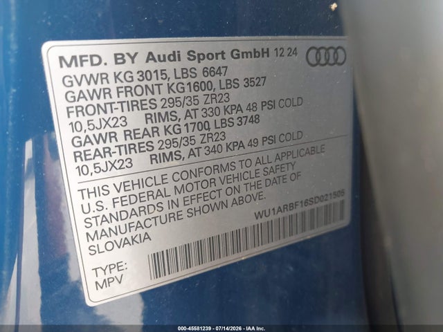 Aukcja sprzedaży 2025 Audi Rs Q8 Quattro Tiptronic, vin: WU1ARBF16SD021505, numer aukcji: 45581239
