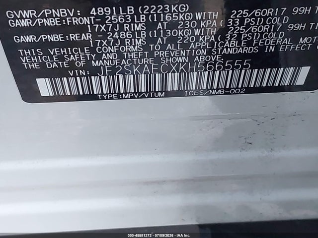 Aukcja sprzedaży 2019 Subaru Forester Premium, vin: JF2SKAECXKH566555, numer aukcji: 45581272