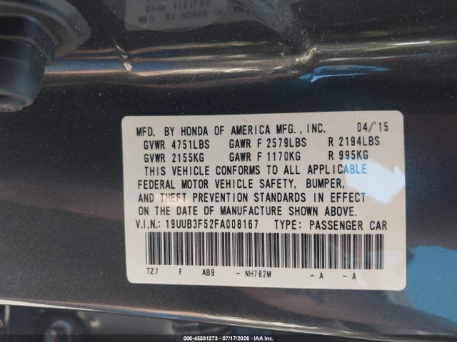45581273 :رقم المزاد ، 19UUB3F52FA008167 vin ، 2015 Acura Tlx V6 Tech مزاد بيع