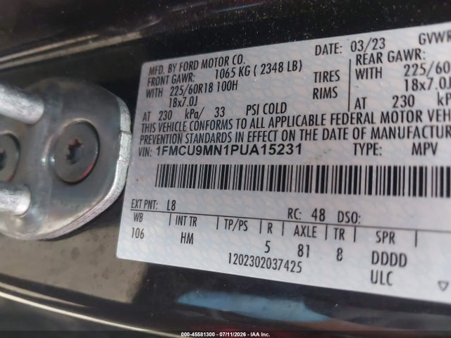 Продаж на аукціоні авто 2023 Ford Escape St-line, vin: 1FMCU9MN1PUA15231, номер лоту: 45581300