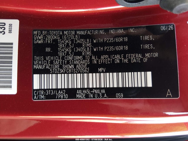 5TDZSKFC8TS270562 Toyota Sienna Limited
