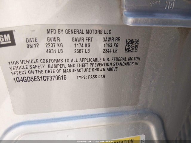 2012 Buick Lacrosse Premium 1 Group მანქანა იყიდება აუქციონზე, vin: 1G4GD5E31CF370616, აუქციონის ნომერი: 45581304