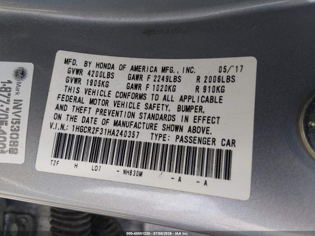 45581330 :رقم المزاد ، 1HGCR2F31HA240357 vin ، 2017 Honda Accord Lx مزاد بيع