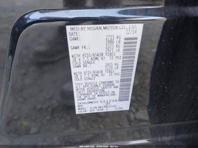 Aukcja sprzedaży 2015 Infiniti Qx60, vin: 5N1AL0MN5FC511210, numer aukcji: 45581343